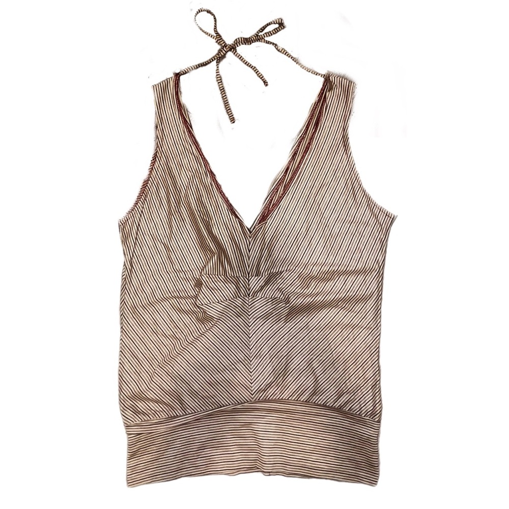 70’s TRUE VINTAGE tan & brown striped sleeveless tie back halter crop tank top